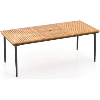 200 cm langer Outdoor-Esstisch für 6–8 Personen, rechteckiger Gartentisch mit 5 cm Schirmloch & stabilen Metallbeinen, Akazienholztisch, Natur - Hellbraun, Schwarz
