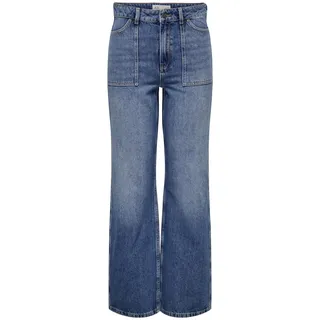 JdY Coole Damen Jeans mit Design Taschen Weite Denim Hose mit Knopfleiste und hoher Taille, Farben:Blau-3, Größe:L / 32L, Beinlänge:L32