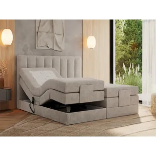 MKS MEBLE Boxspringbett 200x200 elektrisch verstellbar 7-Zonen Taschenfederkern Matratze und Topper Bett 200x200 mit Motor Polsterbett Motorbett - Comforto - Beige Strukture - H4 - Beige