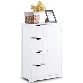 COSTWAY Badezimmerschrank mit Magnetischer Türverschluss & verstellbare Ablage & Kippersicherung, Badschrank mit 4 Schubladen & 1 Tür für Badezimmer, Wohnzimmer, 55 x 30 x 81 cm(Weiß)
