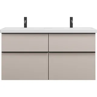 burgbad Eqio Keramik-Doppelwaschtisch inklusive Waschtischunterschrank mit 4 Schubladen, Breite 1230mm, SEYT123F6583C0001G0252, Farbe: Lichtgrau Matt / Lichtgrau Matt, Griffleiste Schwarz Matt G0252