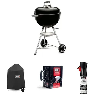 Weber Classic Kettle Holzkohlegrill, Ø 47cm Grillfäche, BBQ Grill mit porzellanemaillierten Deckel & Kessel, Deckelthermometer, Dreibein-Ständer & Räder, verchromter Grillrost - Schwarz (1241304)