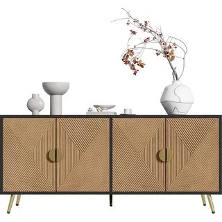 Sweiko 160 cm Sideboard, Vier Türen, Goldene Gebürstete Griffe und Hochglanz Tischbeine - Schwarz, Gold