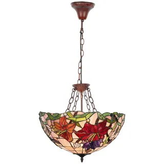 Casa Padrino Luxus Tiffany Hängeleuchte Mehrfarbig / Braun Ø 50 x H. 80 cm - Art Deco Tiffany Hängelampe - Wohnzimmer Hängeleuchte - Deko Hängeleuchte - Luxus Tiffany Leuchten - Art Deco Leuchten - Braun