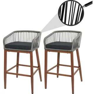 2er-Set Rope-Barhocker HWC-O22, Outdoor Sitzpolster Seilgeflecht Metall Holz-Optik hellgrau, Kissen dunkelgrau - Braun