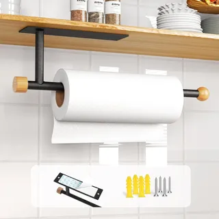 Küchenrollenhalter Ohne Bohren Zivacate, [Ästhetische Holzakzente] Selbstklebend/zum Bohren, Wandmontierter Küchenrollenhalter Schwarz für Speisekammer, Küche, Badezimmer (Mattes Schwarz)