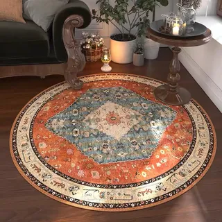 Tospass Vintage Boho Rund Teppich Waschbarer Wohnzimmer Orientalischer Stil Sofa Teppich Kurzflor Couchtischmatte, Bunter Muster Rutschfester Carpet für Schlafzimmer. 100 cm
