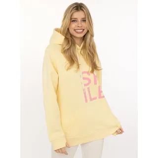 Hoodie ZWILLINGSHERZ "Alissa", Damen, Gr. S/M, gelb, Sweatware, Obermaterial: 50% Baumwolle, 50% Polyester, normal hüftlang, hoch geschlossener Ausschnitt, Bündchen, Sweatshirts Hoodie, Langarm, Kapuze, Neon-Details, Kordelzug, Frontprint, Kängurutasche