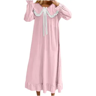 Lang Nachthemd Damen Langarm Viktorianisch Nachtkleid mit Schleife und Spitzenbesatz Niedlich Prinzessinnen Schlafshirt Vintage Weich Nachtwäsche Leichte Locker Schlafkleid Hausanzug 0