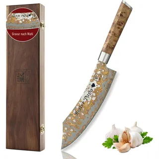 zayiko MysticMagma Blockmesser mit Gravur – Personalisiertes Messer, 20 cm Damaststahl-Klinge, Kupfer- & Bronzeinlay, Ahornwurzelholzgriff – Messer mit Gravur personalisiert, Geschenkbox