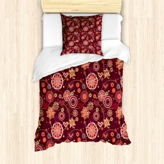ABAKUHAUS Blumen Mantele, Vintage Foliage Zusammensetzung, Milbensicher Allergiker geeignet mit Kissenbezügen, 135 cm x 200 cm - 80 x 80 cm, Orange und Gelb Maroon - Orange