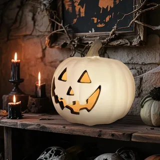 Halloween Kürbis Deko Outdoor, Halloween Deko Garten, Led Kürbis Windlicht Weiß, Leuchtkürbis als Hauseingangs mit Grusel-Fratze, Herbstdeko (Weiß, 20cm)