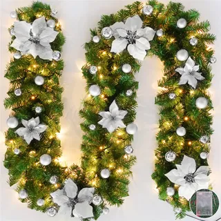 Hutato Weihnachtsgirlande mit LED-Lichtern, 2.7 m (9 FT) künstlicher Rattan Weihnachtskranz Haustür hängende Girlande für Kamine Treppen Zuhause dekorierte Weihnachtsdekoration Dekoration (Silber)