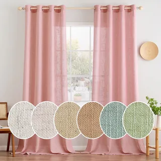 MIULEE Gardinen Vorhänge mit ösen Voile Vorhang kurz Modern Leinenoptik Halbtransparent Ösenvorhang für Wohnzimmer Kinderzimmer Raumteiler 2er Set Rosa 260x140 cm