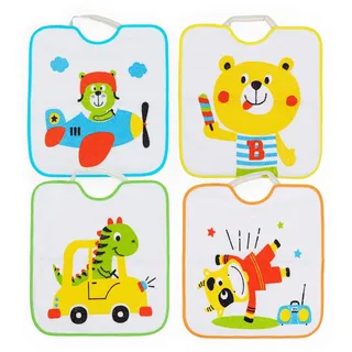 Ti TIN |4er-Pack- wasserdichte Babylätzchen, 32x36cm | Lätzchen mit elastischem Verschluss für Babys und Kinder ab 1 Jahr, 90% Baumwolle-10% Polyester, verschiedene Tier-Motive in verschiedenen Farben