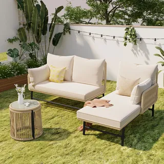 Flieks Gartenlounge Set 3-tlg, Balkonmöbel Set 3 Sitzer, Gartenmöbel Set für 3-4 Personen, Terrassenmöbel Set mit Kissen und Tisch, Sitzgruppe Seil - Beige