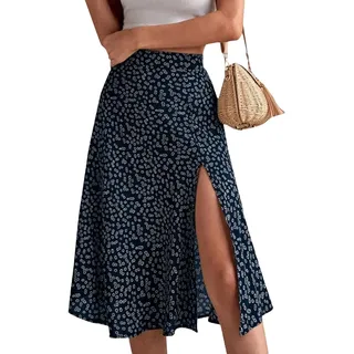 RMBLYfeiye Rock Damen Sommer Lang Vintage Blumenmuster Boho Blümchen Mit Schlitz A-Linien Blumenrock Geblümt Hoher Taille