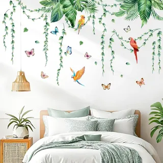 MisFun Wandtattoo Pflanzen Wandtattoo Grün Tropische Blätter Pflanzen Wandaufkleber Hängende Rebe Grün Palmen Blätter Vögel Wandsticker Kinderzimmer Wohnzimmer Schlafzimmer Flur Wanddeko