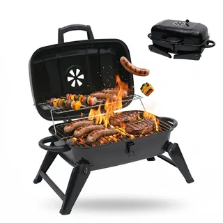 Relaxdays Tischgrill, tragbarer Klappgrill, HBT: 34 x 59 x 36 cm, Warmhalterost, Lüftung, Kohlegrill, Stahl, schwarz