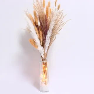 60 Stück Pampasgras Getrocknet mit Vasen und LED Lichtern, Bunny-Tails-Trockenblumen, Weißes, Braunes Pampasgras Pampasgrasdekoration Trockenblumen für Hochzeiten Wohnzimmer Boho Tischdeko (Sechseck)