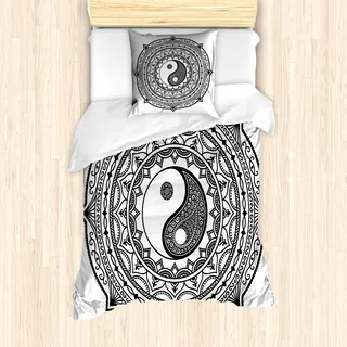 ABAKUHAUS Ying Yang Mantele, Ying Yang Asian, Milbensicher Allergiker geeignet mit Kissenbezügen, 135 cm x 200 cm - 80 x 80 cm, Schwarz-Weiss - Schwarz