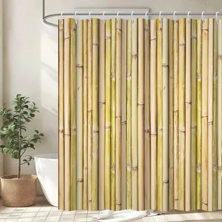 Uiiooazy Duschvorhang Bambus, Duschvorhang Holzoptik 180x200cm Anti Schimmel Bambus Motiv Pflanzen Vintage Duschvorhänge Wasserdicht Polyester Stoff Waschbar Bad Vorhang mit 12 Haken für Badezimmer