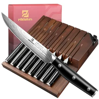 Piklohas 11,7 cm Steakmesser-Set 8-teilig mit Schubladen-Organizer | integriertem Messerschärfer, glatte Tafelmesser aus geschmiedetem deutschem Damaststahl, durchgehender Erl, schwarzer Griff