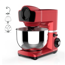 ELESTYLE Küchenmaschine Knetmaschine, 1500W, 6 Geschwindigkeiten Teigknetmaschine, Geräuscharme Rührmaschine mit 6 L Edelstahlschüssel, Edelstahl-Schneebesen,Druckguss-Rührer und Knethaken (Rot)