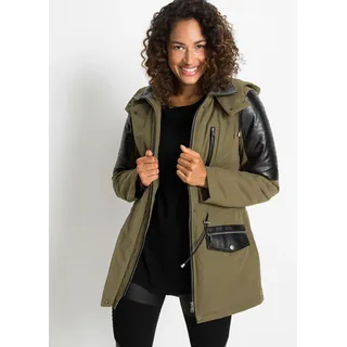 Parka BONPRIX "Parka mit Lederimitat-Einsätzen", Damen, Gr. 44, grün (khakigrün, schwarz), Obermaterial: 58% Polyester, 42% Baumwolle. Einsatz: 100% Viskose. Futter: 100% Polyester, unifarben mit Farbeinsätzen, bequem, Jacken Parka, mit Kapuze, aus Polyester, Baumwolle und Viskose