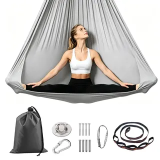 Aerial Yoga Hängematte Set, Aerial Yogas Swing Air Fliegen, Yoga-Schaukel Schaukel Hammock Swing 200 Kg Max mit Verlängerungsgurt, Karabiner, Zubehör, Anti-Gravity-Übungen (Grau,150x280CM)
