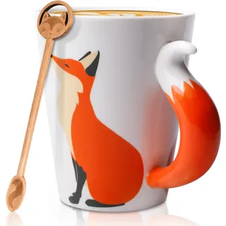 360ml Fuchs Tasse, Keramik Kaffeetasse 3D Tier, Mit Löffel, Geschenk für Geburtstag, Einschulung, Weihnachten, Jubiläum