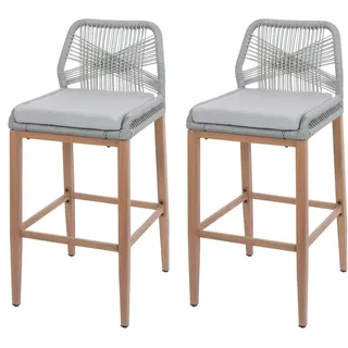 Mendler 2er-Set Rope-Barhocker HWC-O21, Outdoor Sitzpolster Seilgeflecht Metall Holz-Optik ~ hellgrau, Kissen hellgrau
