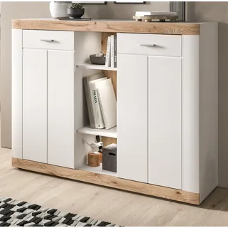 Sideboard "Sopela" weiß mit Eiche Landhaus Wohn- und Esszimmer Kommode 131x104 cm, Soft-Close - Weiß