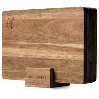 WALDWERK Frühstücksbrettchen 5er Set (23 x 16 x 1 cm) aus massiver Akazie - Frühstücksbrettchen Holz mit Ständer - 5 Schneidebretter aus Holz - Brettchen perfekt für Frühstück (5 Bretter)