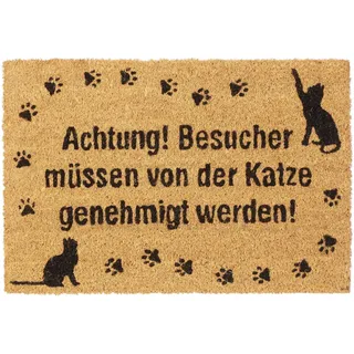 Relaxdays Fußmatte Kokos, lustige Schmutzfangmatte, Katzenmotiv, Türvorleger innen & außen, Kokosmatte 40x60 cm, Natur