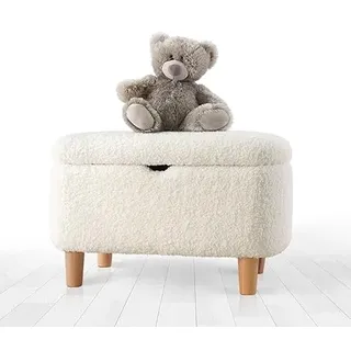 Atelier Del Sofa Skandinavischer Pouf aus 100% Kunstfell, Weiß, 61 x 40 x 37 cm | Holzbeine, 35% orthopädischer Schaumstoff, 6 cm dick | Stilvoller und bequemer Akzent