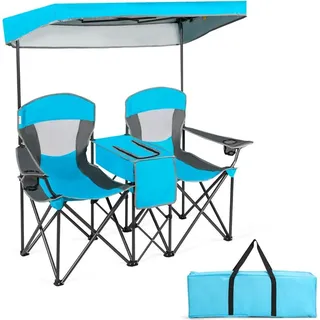 2-Sitzer Campingstuhl mit Sonnenschutz Mini-Tisch klappbarer Angelstuhl mit Tragetasche 166 x 71 x 151 cm Blau - Blau