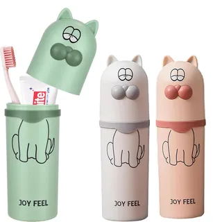 Bogoro 3 pcs Zahnbürsten Etui Kinder Zahnbürsten Karikatur Katze Tierzahnputzbecher personalisiert Tragbar Zahnputzbecher Reisen Für Camping Reisen Zuhause Reisen Camping Schule (Weiß, Grün, Rosa)