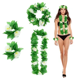 Jodsen Hawaii Blumenkette Set, Hawaii Kette Blumen mit Halskette Stirnbänder und Armbänder, Hawaii Deko Blumenketten Set für Tropische Themen-Strandparty Pool Aloha Hawaiian Party Dekorationen (Weiß)