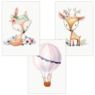 Olgs Kinderzimmer Bilder | Wandposter Deko Cute Boho Premium | Poster 3er Set Wandbilder DIN A4 | Design Tiere Fuchs, Reh, Heißluftballon, Blumen