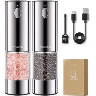 Salz und Pfeffermühlen elektrisch 2er Set aus Edelstahl (Wiederaufladbar, LED Beleuchtung, mit einstellbarem Keramikmahlwerk, Reinigungsbürste Bürste) Gewürzmühle elektrisch