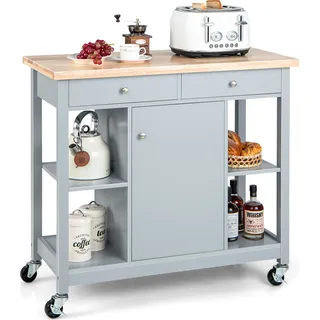 COSTWAY Küchenwagen rollbar, Kücheninsel mit Arbeitsplatte 2 Schubladen & verstellbaren Regalen, Servierwagen Küchenschrank 99x46x90cm Grau - Grau