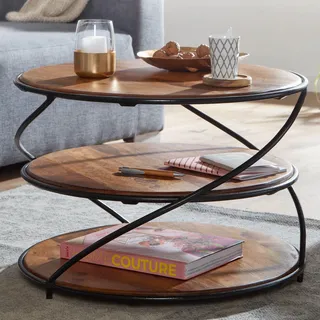 FineBuy Couchtisch Sheesham Massivholz rund Ø58 cm mit 3 Ablagen Handgefertigter Wohnzimmertisch aus Holz & Metall Beistelltisch im Industrial - Braun