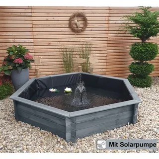 Promadino Sechseck-Hochteich Ø 200cm inkl. Solarpumpe Grau aus Kiefernholz