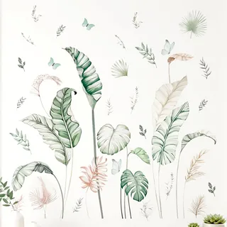 Nilioyul Wandtattoo Palmblatt Pflanzen Boho Wandaufkleber Grüne Tropische Blätter Bananenblätter Schmetterling Wandsticker Wohnzimmer Schlafzimmer Kinderzimmer Babyzimmer Flur Hintergrund Wanddeko