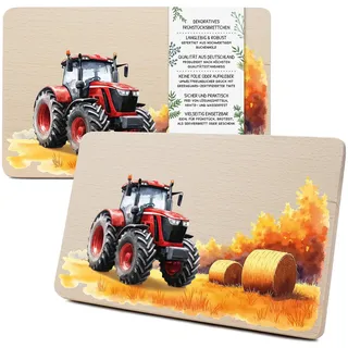 Yabaduu Individuelles Holzbrett für Kinder 23,5x15cm Frühstücksbrettchen Brotzeitbrett personalisiert aus Holz Tier-Motiv als Geschenk Geburtstag Kind RV007 (26 Traktor rot, Ohne Wunschname)