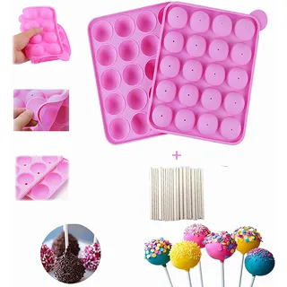 YIQI 20 Hohlraum Formen Silikon Lollipop Tablett - Größe 22.5 * 18 * 3 cm Kreis Durchmesser 4 cm, hitzebeständig -40°C zu 230°C mit 20 Sticks (Rosa)