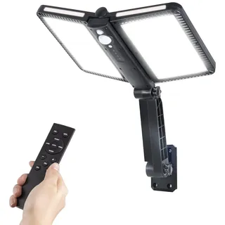 LED Strahler mit Bewegungsmelder Außen, Moman Solarlampe für Außen mit Fernbedienung 5 Modi IP65 Wasserdicht 4400mAh Außenwandleucht Solar für Garage Garten, Solarlampe-Außen-Bewegungsmelder-LED-Licht