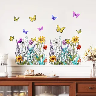 Cooltto Wandaufkleber Selbstklebend Wand Stickers Wandtattoo Wanddeko Wohnzimmer Aufkleber Groß Modern Wandsticker Dekoration für Badezimmer Schlafzimmer Küche Büro – Bunte Schmetterlinge Blumen