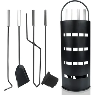 YUENFONG Kaminbesteck Edelstahl 5-teilig Modern Kamin Zubehör Set Kamingarnitur inkl. Besen, Schaufel, Schürhaken, Zange und Ständer mit Sichtschutz, Schwarz - Schwarz